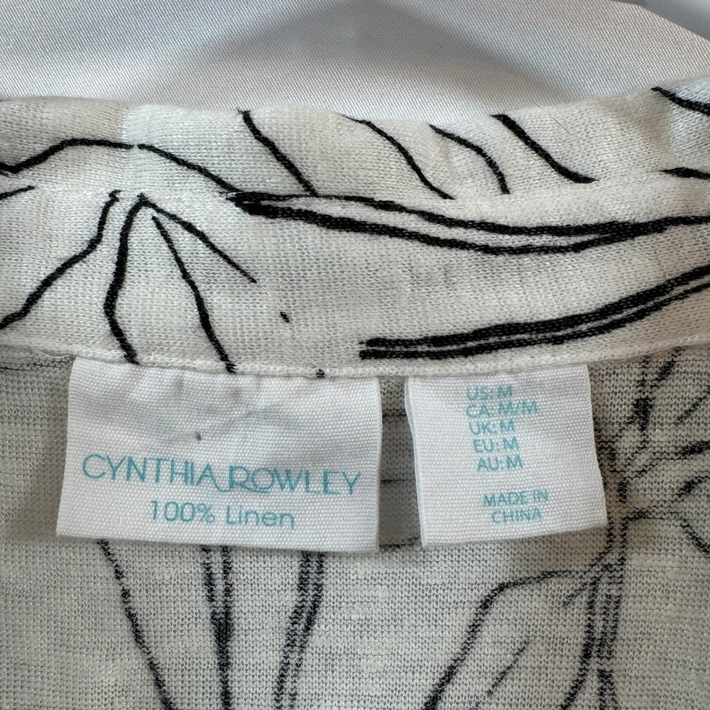 Cynthia Rowley Womens White Black Botanical Leaf 100% Linen Boxy Top Size M - Picture 2 of 7